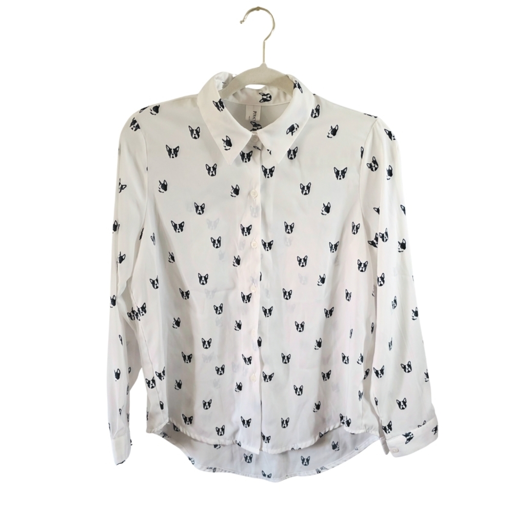 Frenchie Dog Print Sheer Blouse White & Navy French Bulldogs One Size Pinkyotto